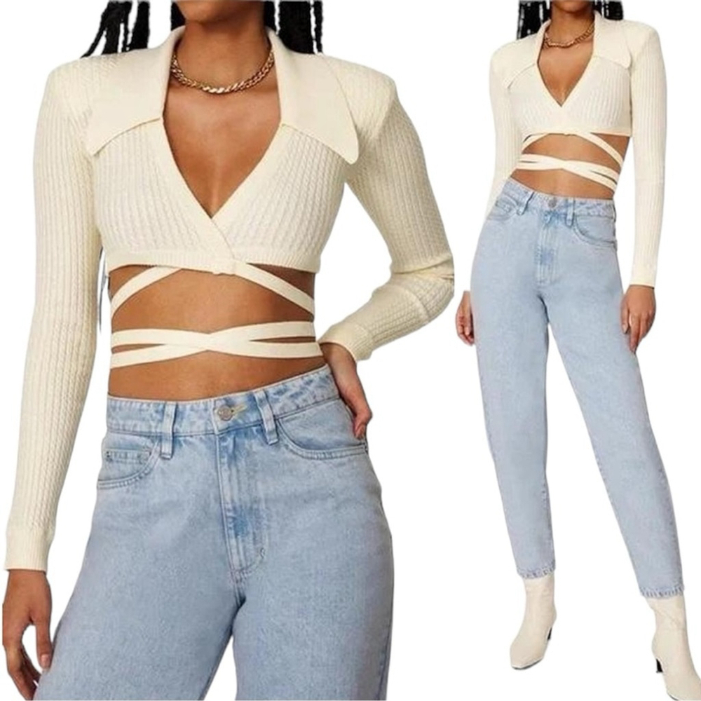 Danielle Bernstein WeWoreWhat Cropped Wrap Cable Knit Sweater in Neutral Cream